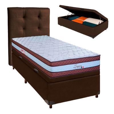 Conjunto Cama Box Bau Marrom Solteiro + Colchão Molas Ensacadas Legaccy Paropas + Cabeceira