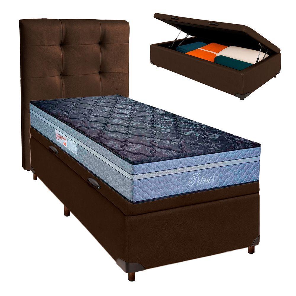 Conjunto Cama Box Bau Marrom Solteiro + Colchão Molas Ensacadas Petrus Paropas + Cabeceira - 1
