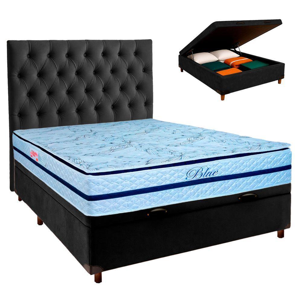 Conjunto Cama Box Bau Preto Casal + Colchão Molas Ensacadas Blue Paropas + Cabeceira - 1