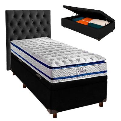 Conjunto Cama Box Bau Blindado Solteiro + Colchão Molas Ensacadas Blue Paropas + Cabeceira
