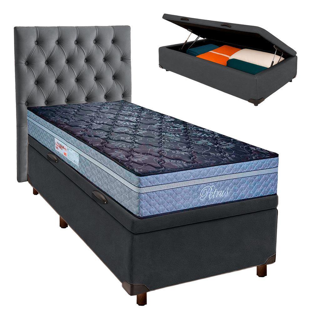 Cama Box Bau + Colchão Solteiro Molas Ensacadas Petrus Paropas + Cabeceira Estofada - 1