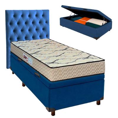 Conjunto Cama Box Bau Azul Solteiro + Colchão D33 Maxsono Paropas + Cabeceira