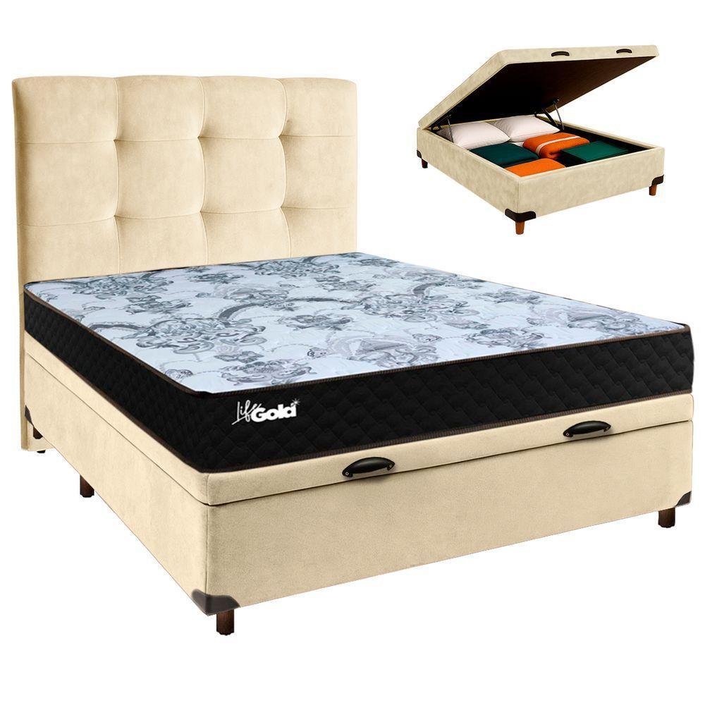 Conjunto Cama Box Bau Blindado Casal + Colchão Molas Ensacadas Life Gold Paropas + Cabeceira - 1