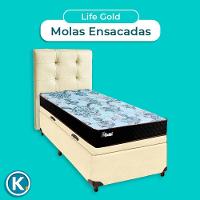 Conjunto Cama Box Bau Blindado Solteiro + Colchão Molas Ensacadas Life Gold Paropas + Cabeceira
