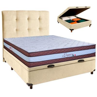Conjunto Cama Box Bau Blindado Casal + Colchão Molas Ensacadas Legaccy Paropas + Cabeceira