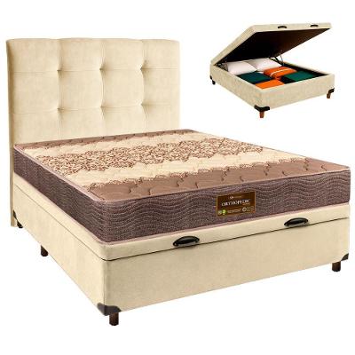 Conjunto Cama Box Bau Perola Casal + Colchão D26 Ortophedic Sankonfort + Cabeceira