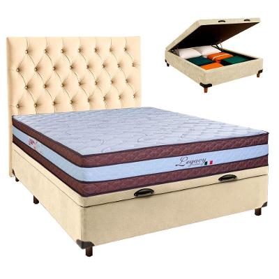 Conjunto Cama Box Bau Perola Casal + Colchão Molas Ensacadas Legaccy Paropas + Cabeceira