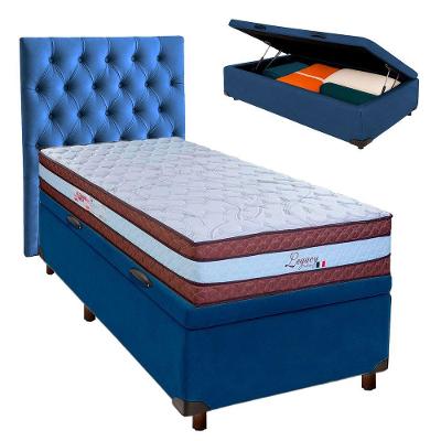 Conjunto Cama Box Bau Azul Solteiro + Colchão Molas Ensacadas Legaccy Paropas + Cabeceira