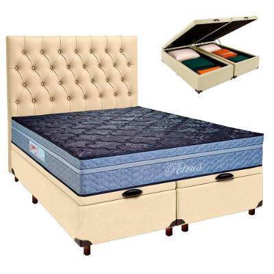 Cama Box Bau + Colchão Queen Molas Ensacadas Petrus Paropas + Cabeceira Estofada