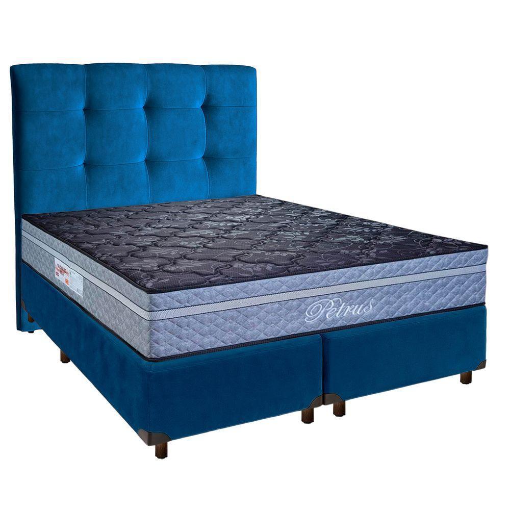 Conjunto Cama Box Azul Queen + Colchão Molas Ensacadas Petrus Paropas + Cabeceira - 1