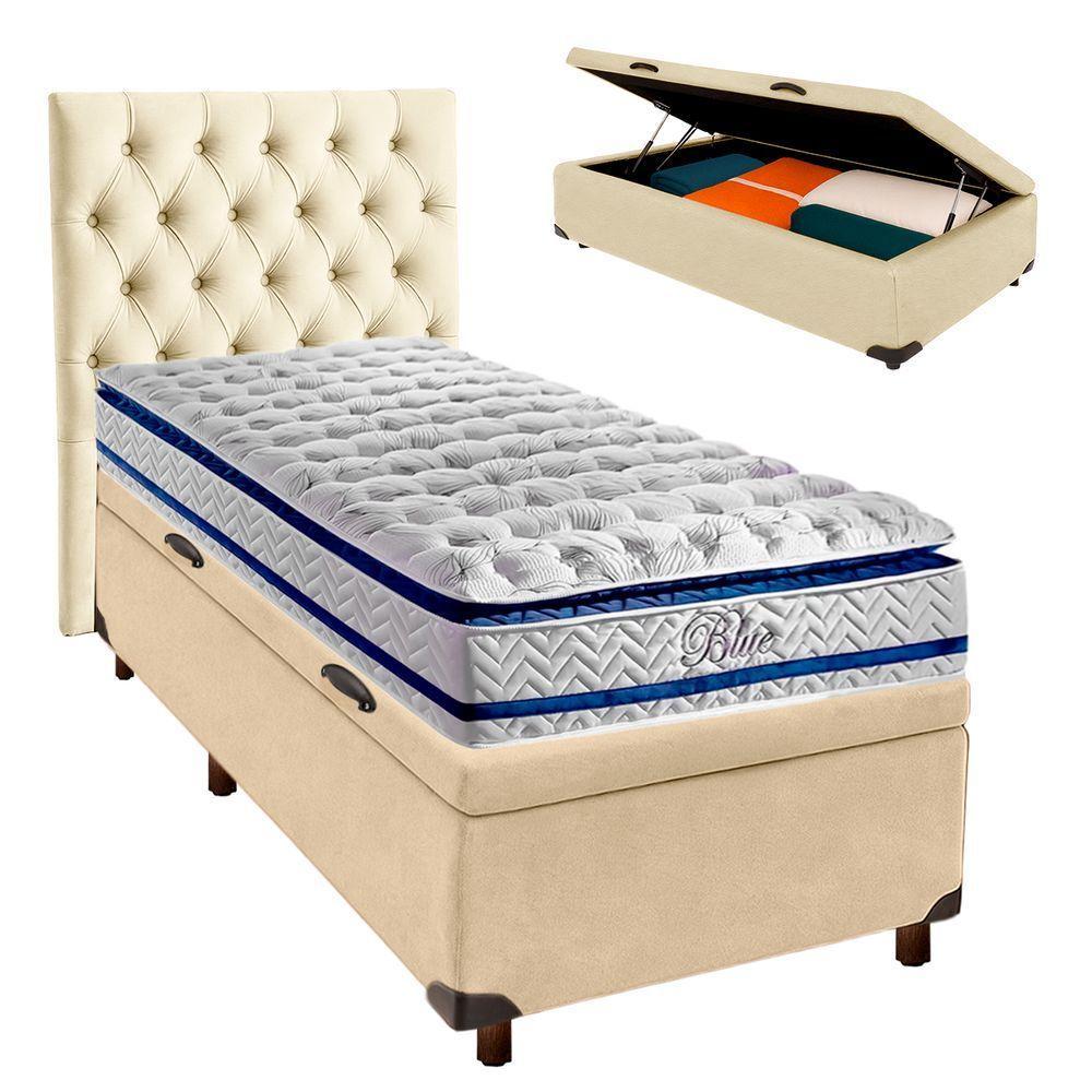Cama Box Bau + Colchão Solteiro Molas Ensacadas Blue Paropas + Cabeceira Estofada - 1