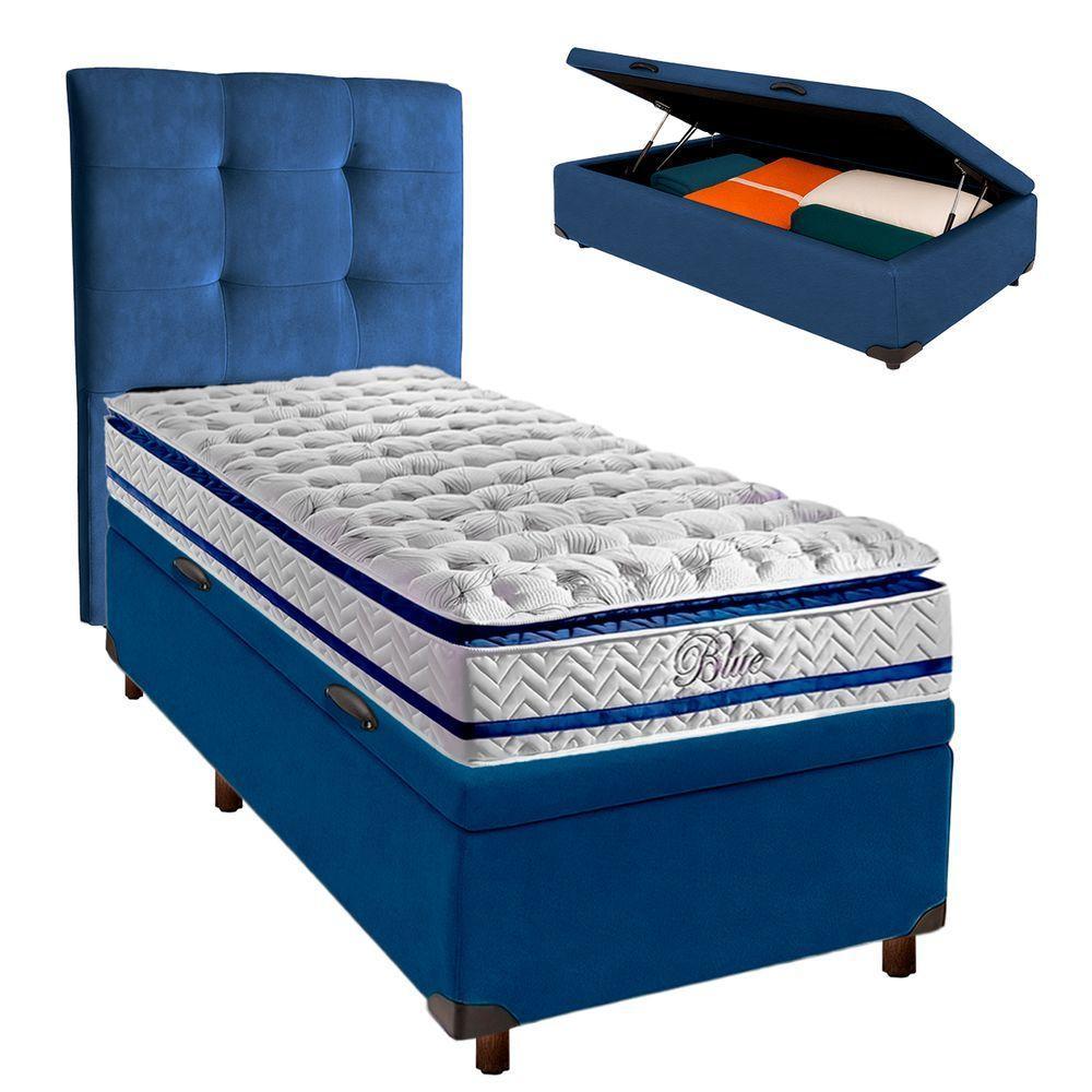 Cama Box Bau + Colchão Solteiro Molas Ensacadas Blue Paropas + Cabeceira Estofada - 1