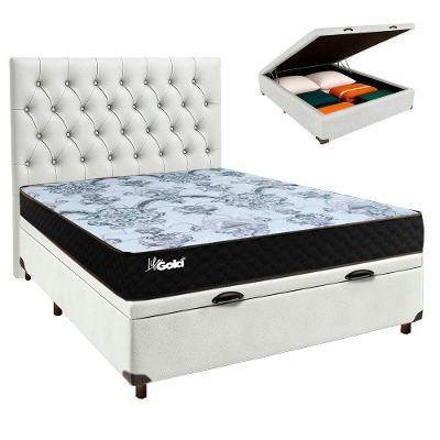 Conjunto Cama Box Bau Blindado Casal + Colchão Molas Ensacadas Life Gold Paropas + Cabeceira