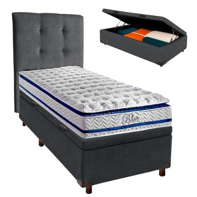 Cama Box Bau + Colchão Solteiro Molas Ensacadas Blue Paropas + Cabeceira Estofada