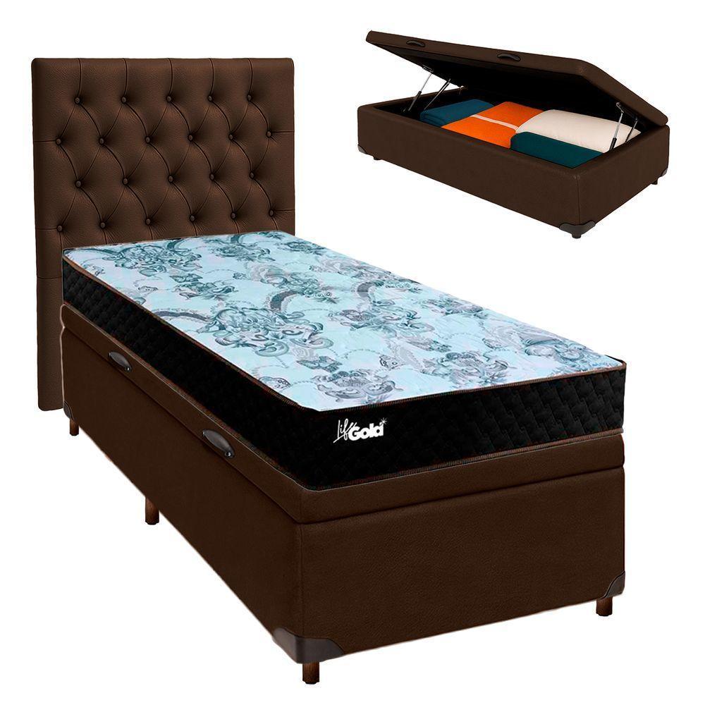 Cama Box Bau + Colchão Solteiro Molas Ensacadas Life Gold Paropas + Cabeceira Estofada - 1