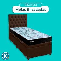 Cama Box Bau + Colchão Solteiro Molas Ensacadas Life Gold Paropas + Cabeceira Estofada