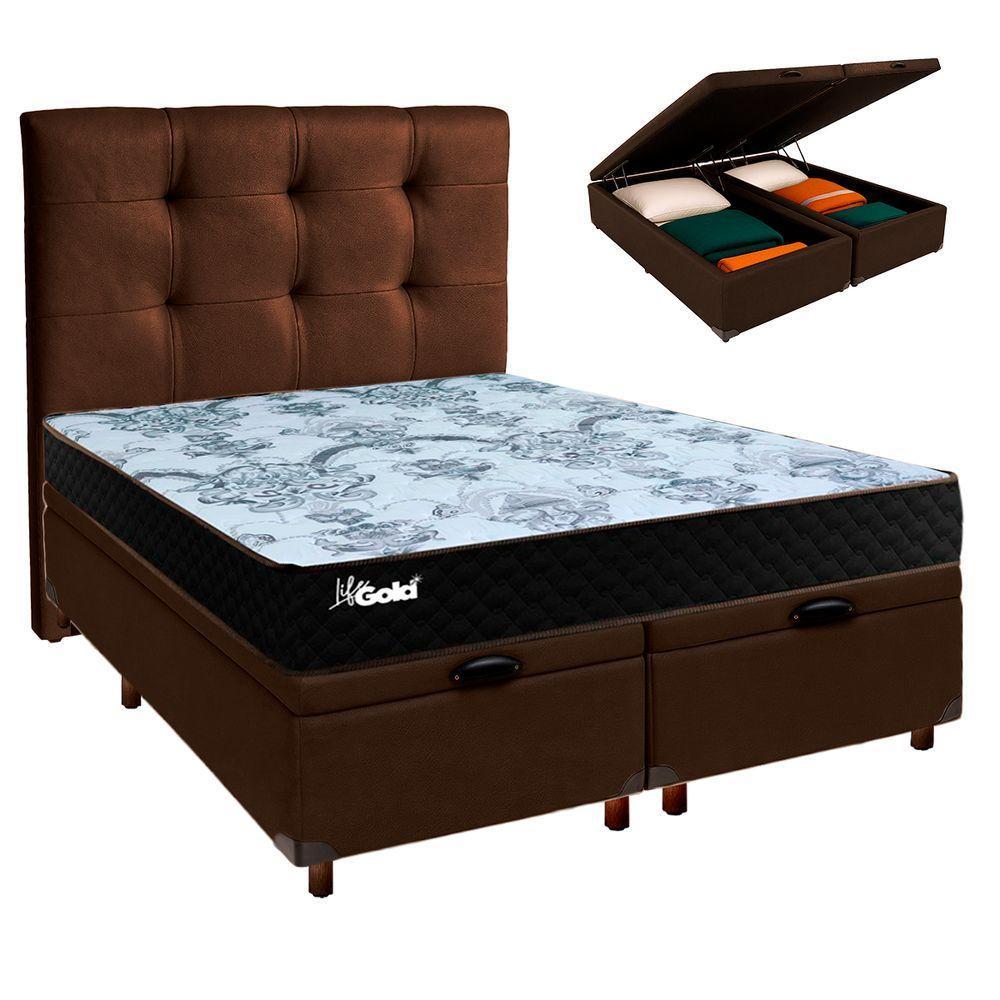 Cama Box Bau + Colchão Casal Molas Ensacadas Life Gold Paropas + Cabeceira Estofada - 1