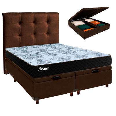 Cama Box Bau + Colchão Casal Molas Ensacadas Life Gold Paropas + Cabeceira Estofada