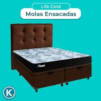 Cama Box Bau + Colchão Casal Molas Ensacadas Life Gold Paropas + Cabeceira Estofada