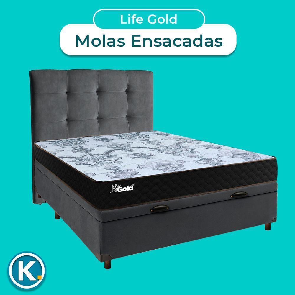 Cama Box Bau + Colchão Casal Molas Ensacadas Life Gold Paropas + Cabeceira Estofada - 4