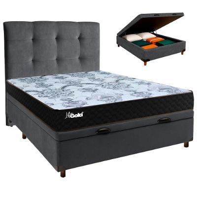 Cama Box Bau + Colchão Casal Molas Ensacadas Life Gold Paropas + Cabeceira Estofada