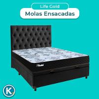 Cama Box Bau + Colchão Casal Molas Ensacadas Life Gold Paropas + Cabeceira Estofada