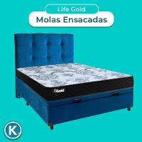 Cama Box Bau + Colchão Casal Molas Ensacadas Life Gold Paropas + Cabeceira Estofada