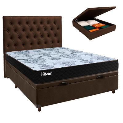 Cama Box Bau + Colchão Casal Molas Ensacadas Life Gold Paropas + Cabeceira Estofada