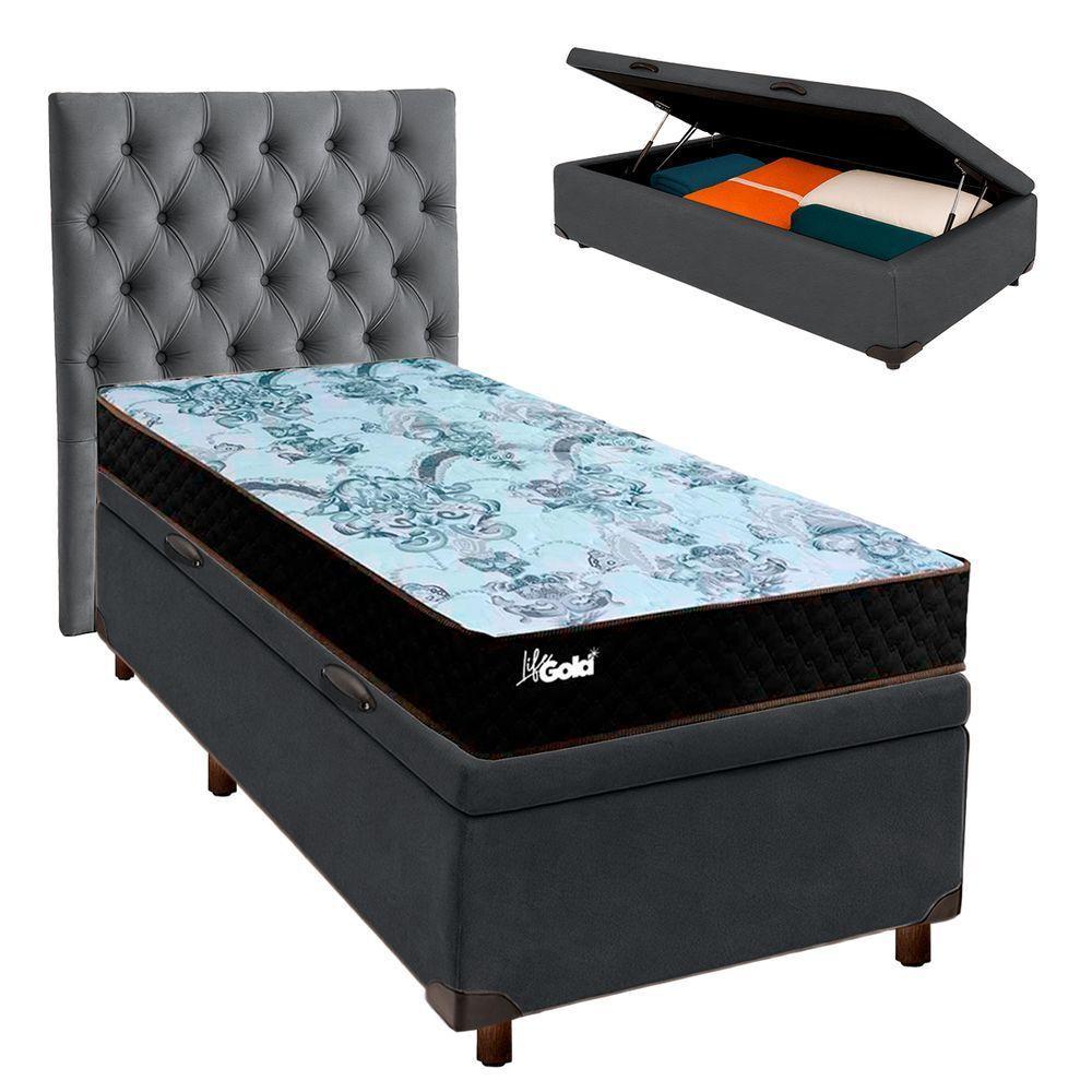 Cama Box Bau + Colchão Solteiro Molas Ensacadas Life Gold Paropas + Cabeceira Estofada - 1