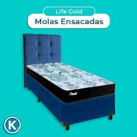 Cama Box + Colchão Solteiro Molas Ensacadas Life Gold Paropas + Cabeceira Estofada