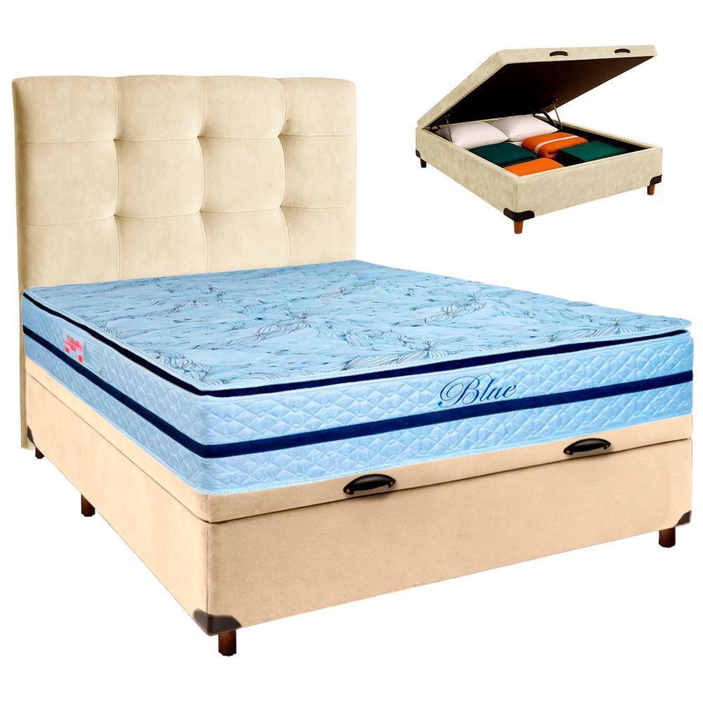 Cama Box Bau + Colchão Casal Molas Ensacadas Blue Paropas + Cabeceira Estofada - 1