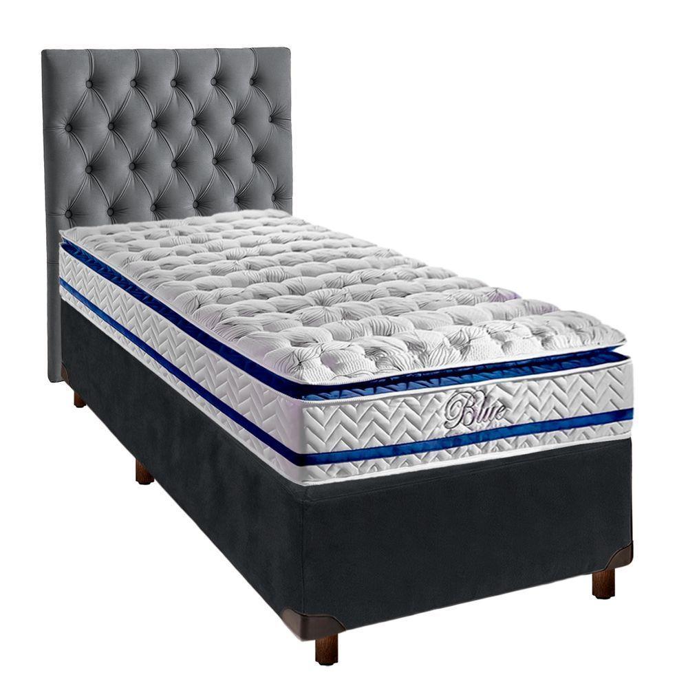 Cama + Box Cinza E Colchão Molas Ensacadas Solteiro - Blue Paropas + Cabeceira - 1