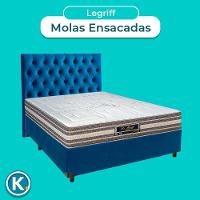 Cama + Box Azul E Colchão Molas Ensacadas Casal - Legriff Sankonfort + Cabeceira