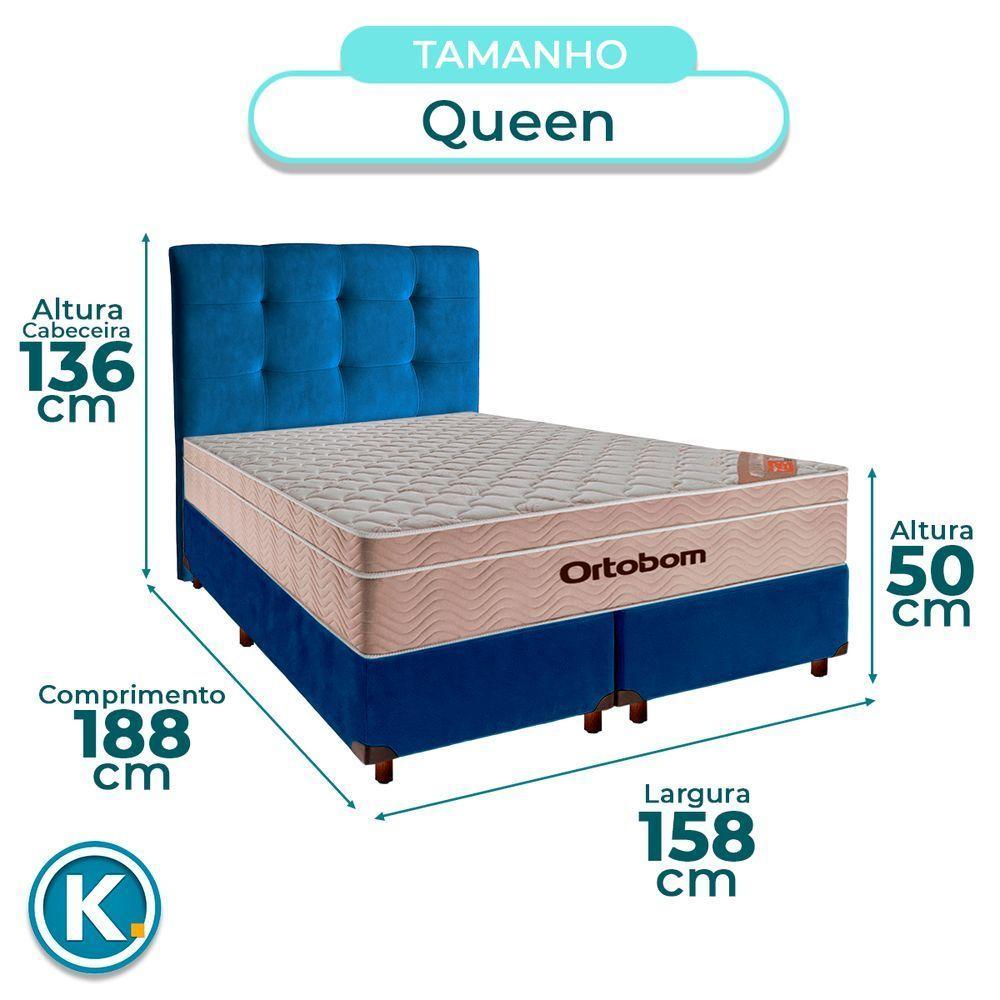 Cama + Box Azul E Colchão Ortobom Molas Ensacadas Queen - Airtech + Cabeceira - 3