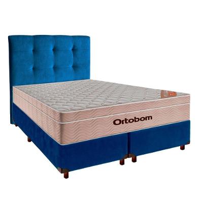 Cama + Box Azul E Colchão Ortobom Molas Ensacadas Queen - Airtech + Cabeceira