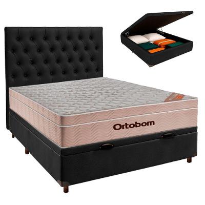 Cama + Bau Blindado E Colchão Ortobom Molas Ensacadas Casal - Airtech + Cabeceira