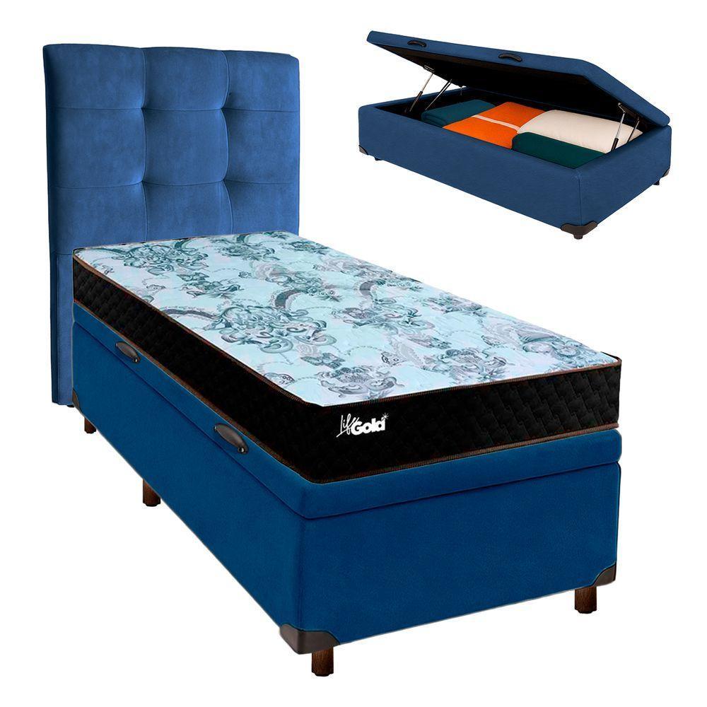 Cama + Bau Azul E Colchão Molas Ensacadas Solteiro - Life Gold Paropas + Cabeceira - 1