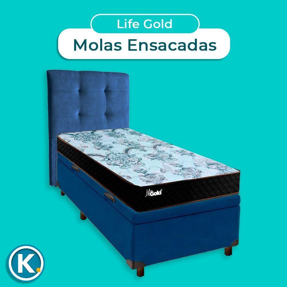 Cama + Bau Azul E Colchão Molas Ensacadas Solteiro - Life Gold Paropas + Cabeceira - 4