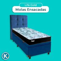 Cama + Bau Azul E Colchão Molas Ensacadas Solteiro - Life Gold Paropas + Cabeceira
