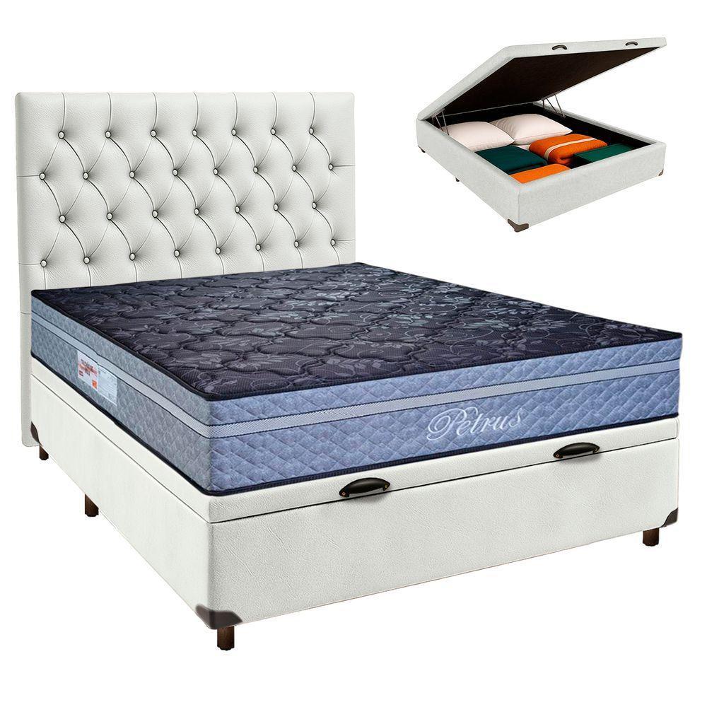 Cama + Bau Branco E Colchão Molas Ensacadas Casal - Petrus Paropas + Cabeceira - 1