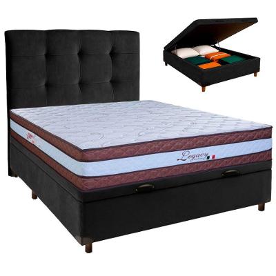 Cama + Bau Preto E Colchão Molas Ensacadas Casal - Legaccy Paropas + Cabeceira