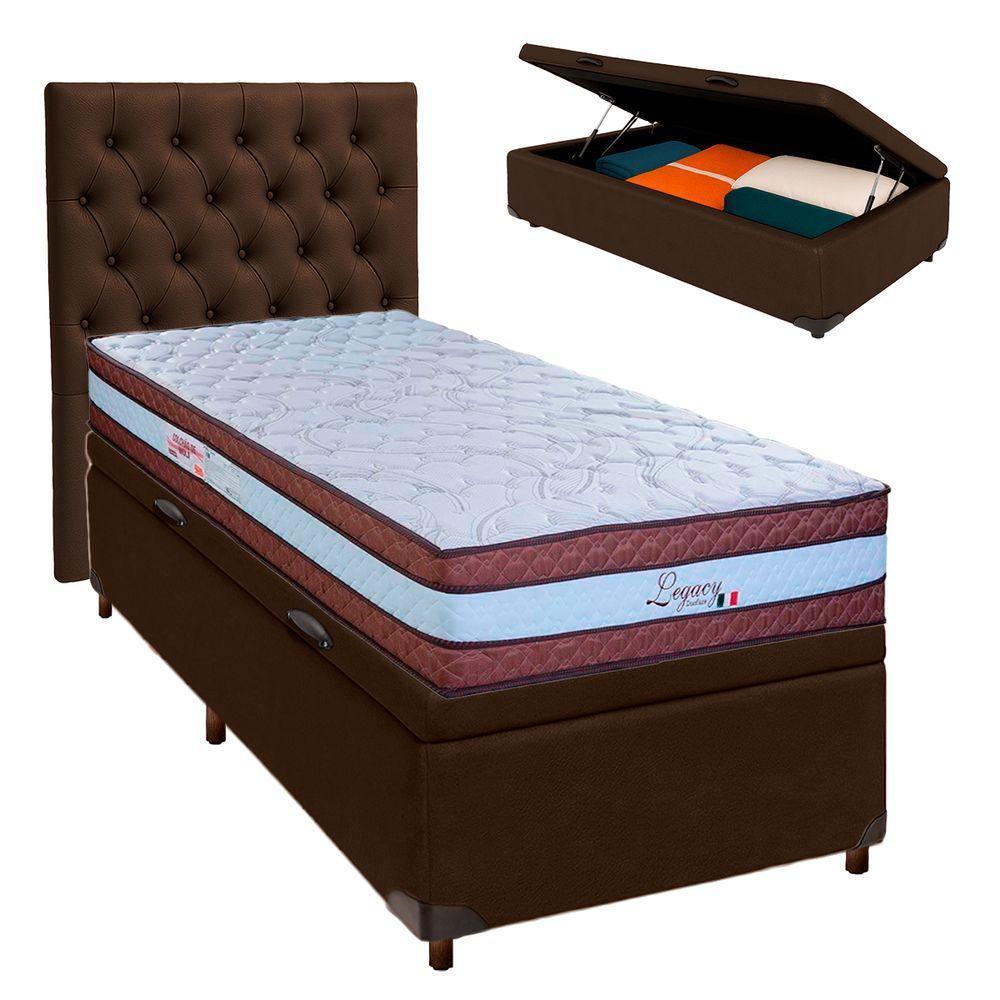 Cama + Bau Marrom E Colchão Molas Ensacadas Solteiro - Legaccy Paropas + Cabeceira - 1