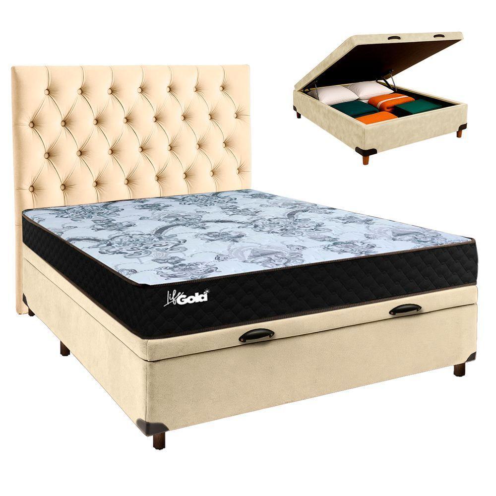 Cama + Bau Perola E Colchão Molas Ensacadas Casal - Life Gold Paropas + Cabeceira - 1