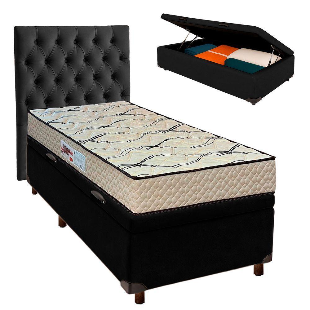 Cama + Bau Preto E Colchão D33 Solteiro - Maxsono Paropas + Cabeceira - 1