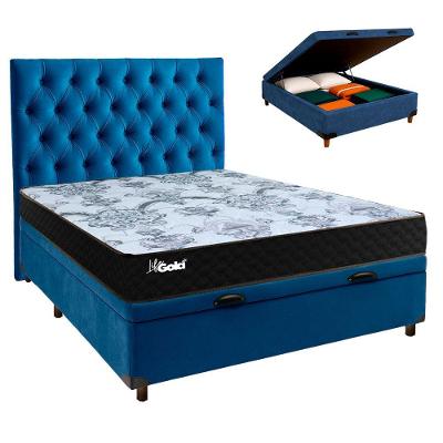 Kit Cama Box Bau + Cabeceira + Colchão Casal Molas Ensacadas - Life Gold - Paropas