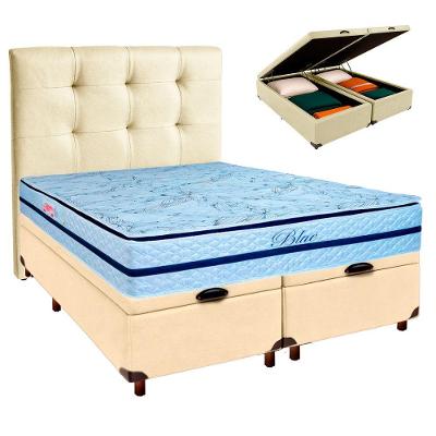 Kit Cama Box Bau + Cabeceira + Colchão Casal Molas Ensacadas - Blue - Paropas