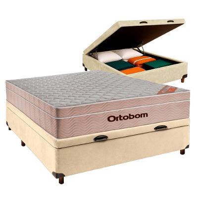 Conjunto Cama Box Bau Perola Casal + Colchão Molas Ensacadas Airtech Ortobom