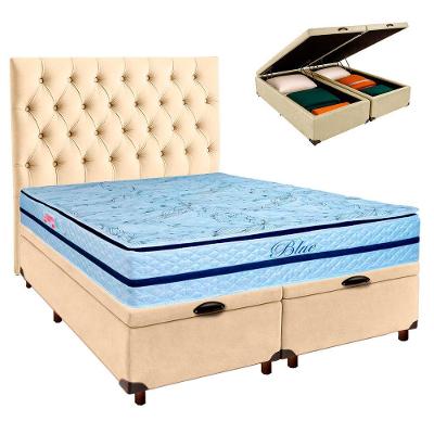 Kit Cama Box Bau + Cabeceira + Colchão Queen Molas Ensacadas - Blue - Paropas