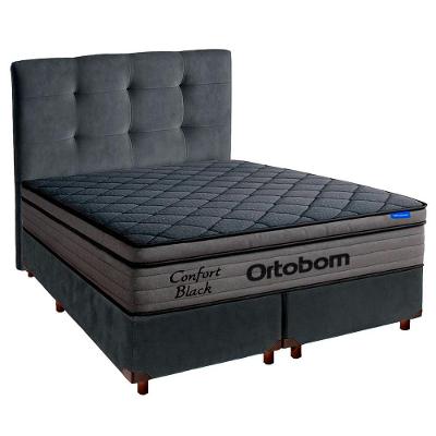 Cama Box Cinza+cabeceira+colchão Casal Confort Black Ortobom