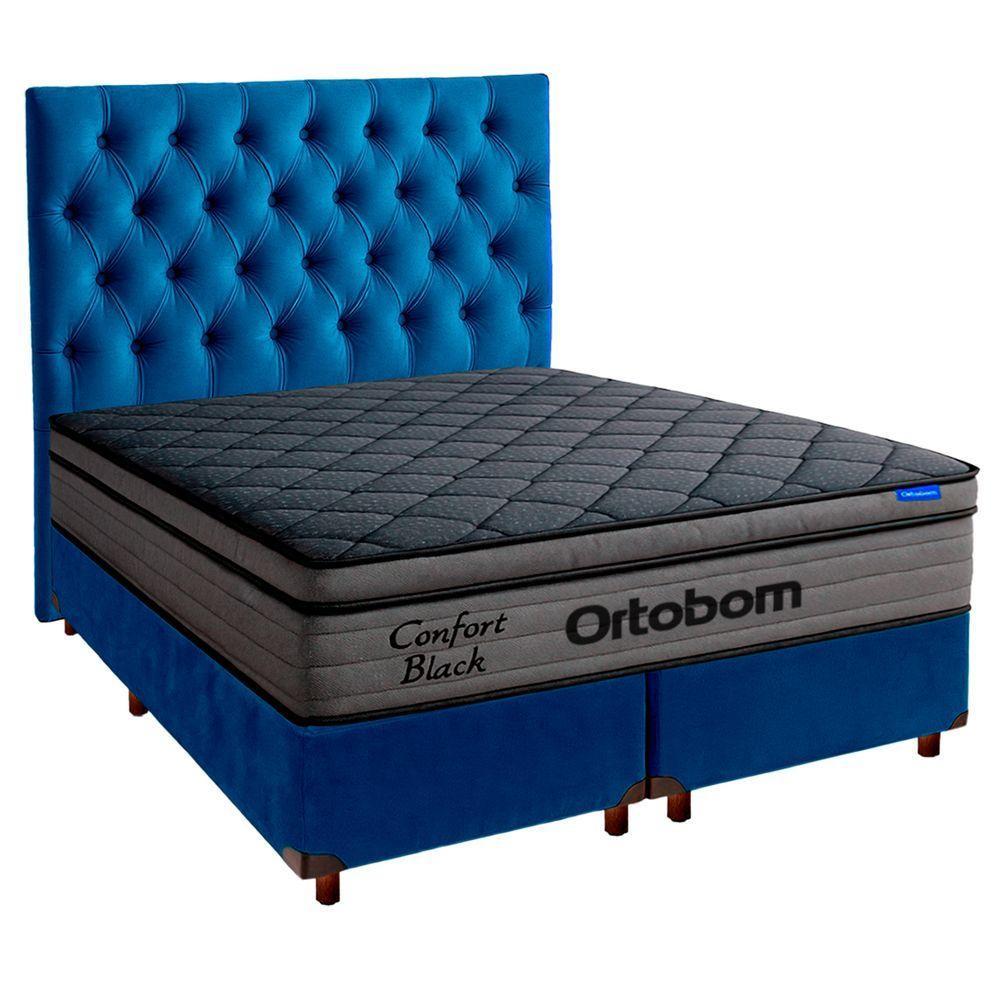 Cama Box Azul+cabeceira+colchão Casal Confort Black Ortobom - 1